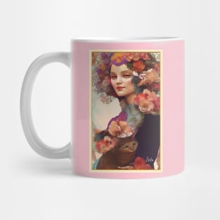 Floral art of painting of girl with cat flowers and roses Mug